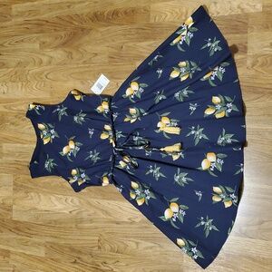 Bailey Blue Navy & Yellow Lemon Floral Print Sleeveless Dress NWT Womens M